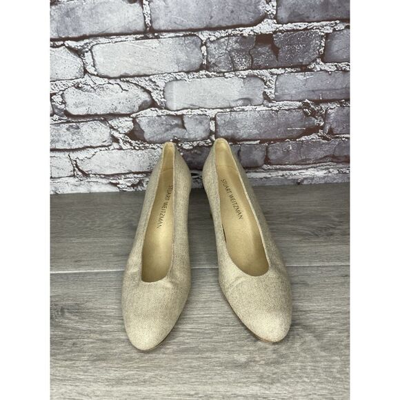 Stuart Weitzman VTG Beige Gold Canvas Pumps Dress Heels Women’s Sz 7M US/37.5EU - Picture 3 of 16
